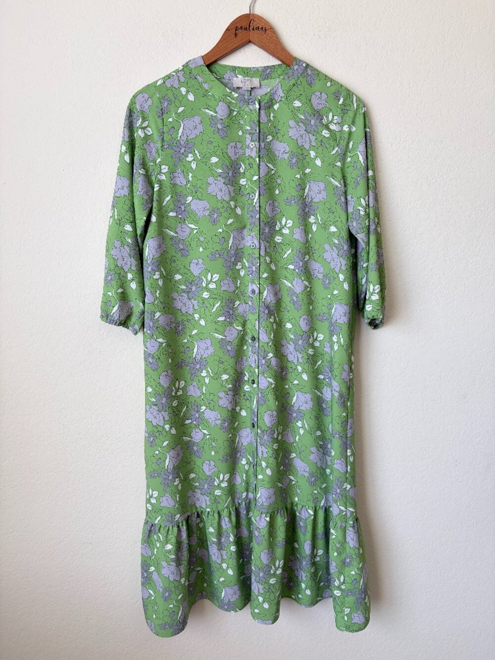 LOFT Dress Womens Petite Small Green Floral Midi Button Front Tiered Ruffle SP